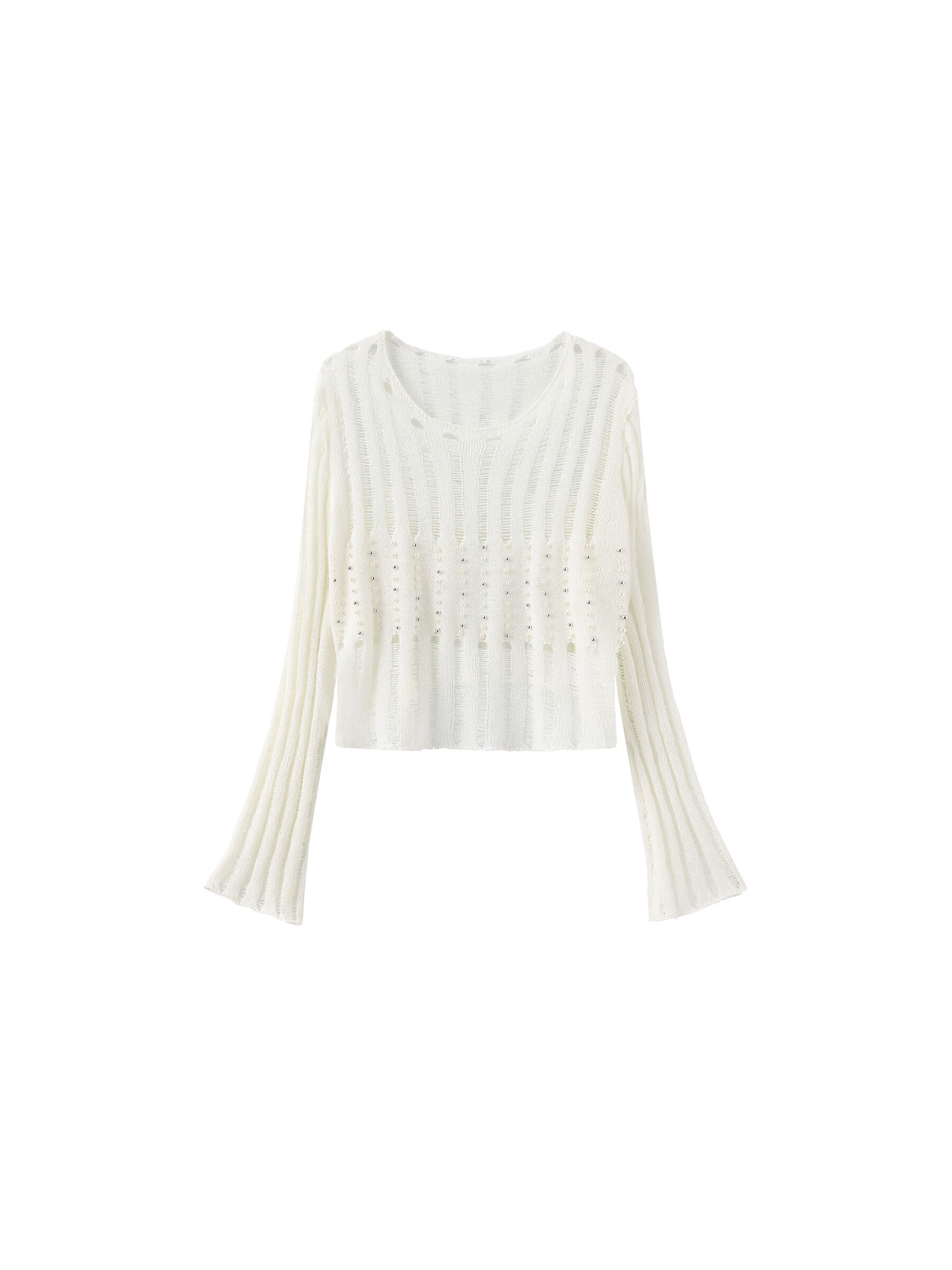 Beaded Hollow-Out Knit Top with Flare Sleeves-17