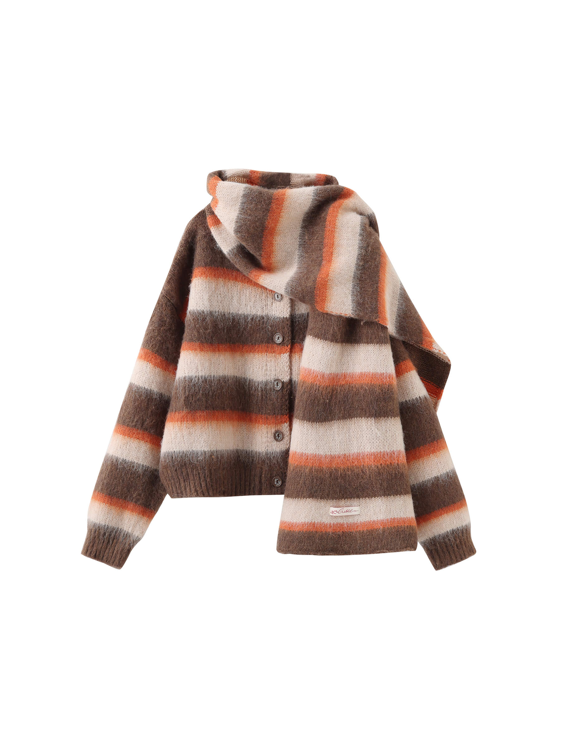 Striped Color Block Wool Knit Cardigan With Scarf-16
