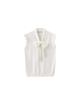 Ruffled Sleeve Sleeveless Knit Top with Attached Scarf