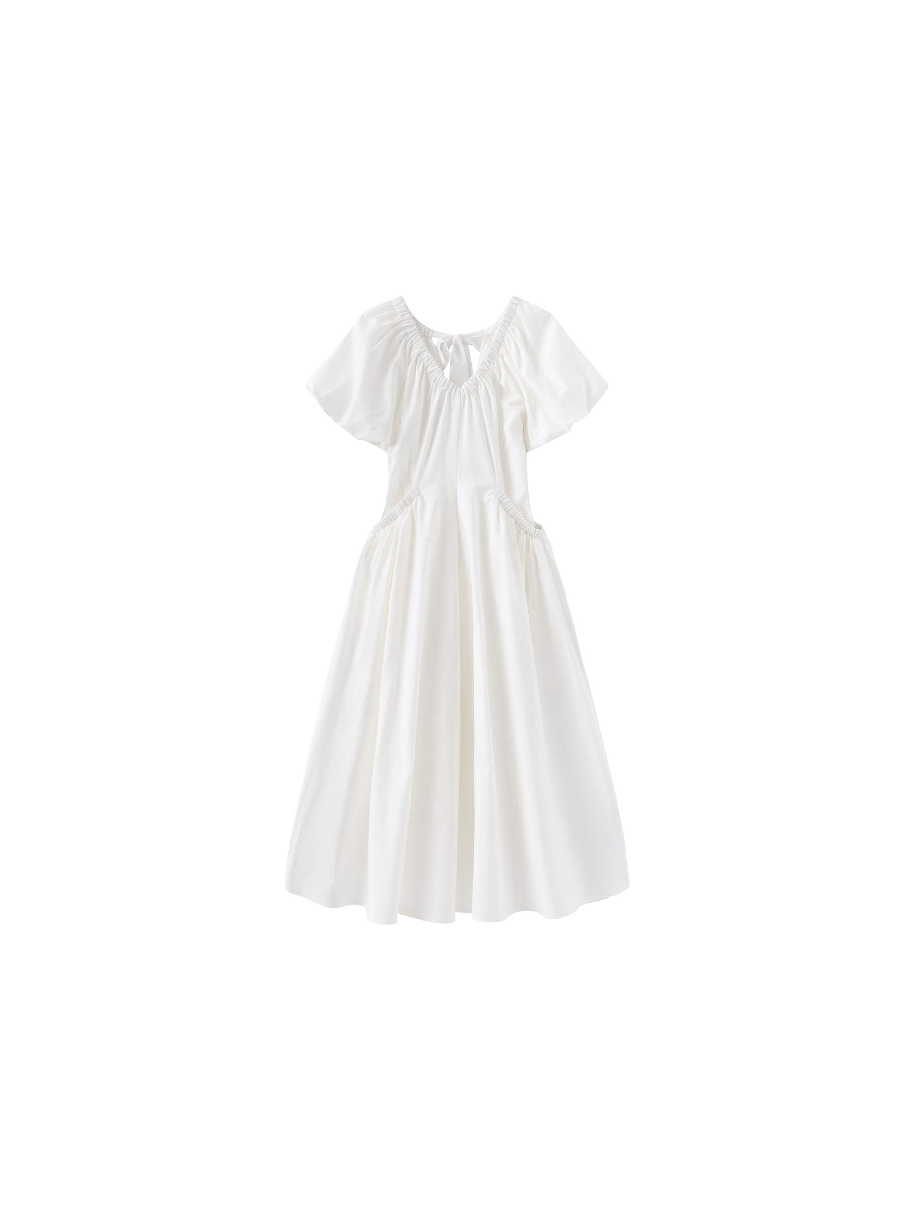 V-neck Pleated Puff Sleeve Dress-15