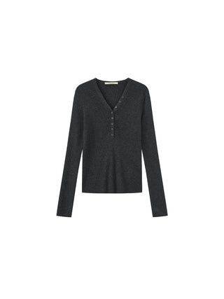 V-Neck Button-Front Fitted Knit Top