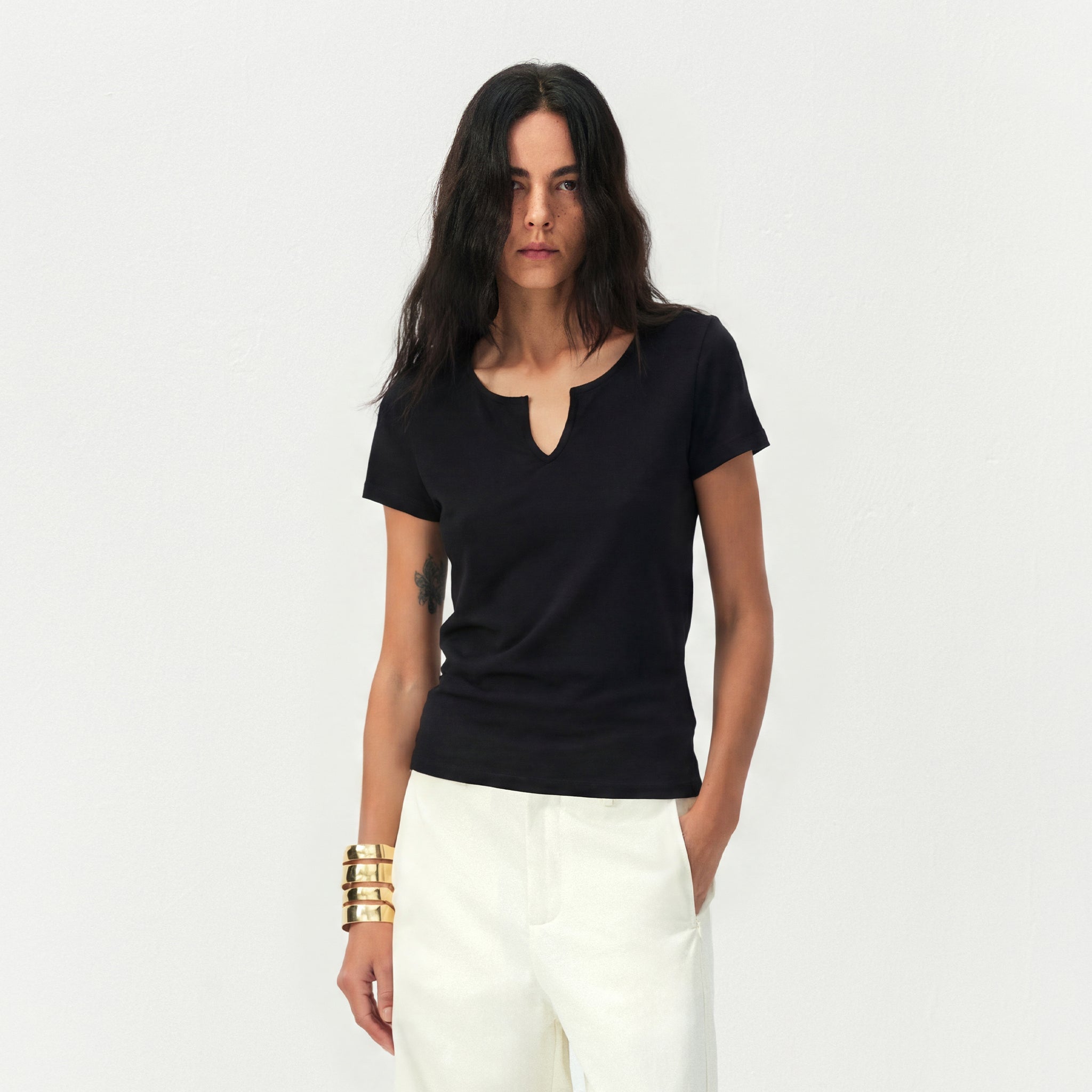 CUBIC Cotton-Blend Notch Neck Slim Fit T-shirt-15
