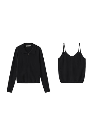 Zip-Up Collared Cropped Knit Cardigan & Vest Set