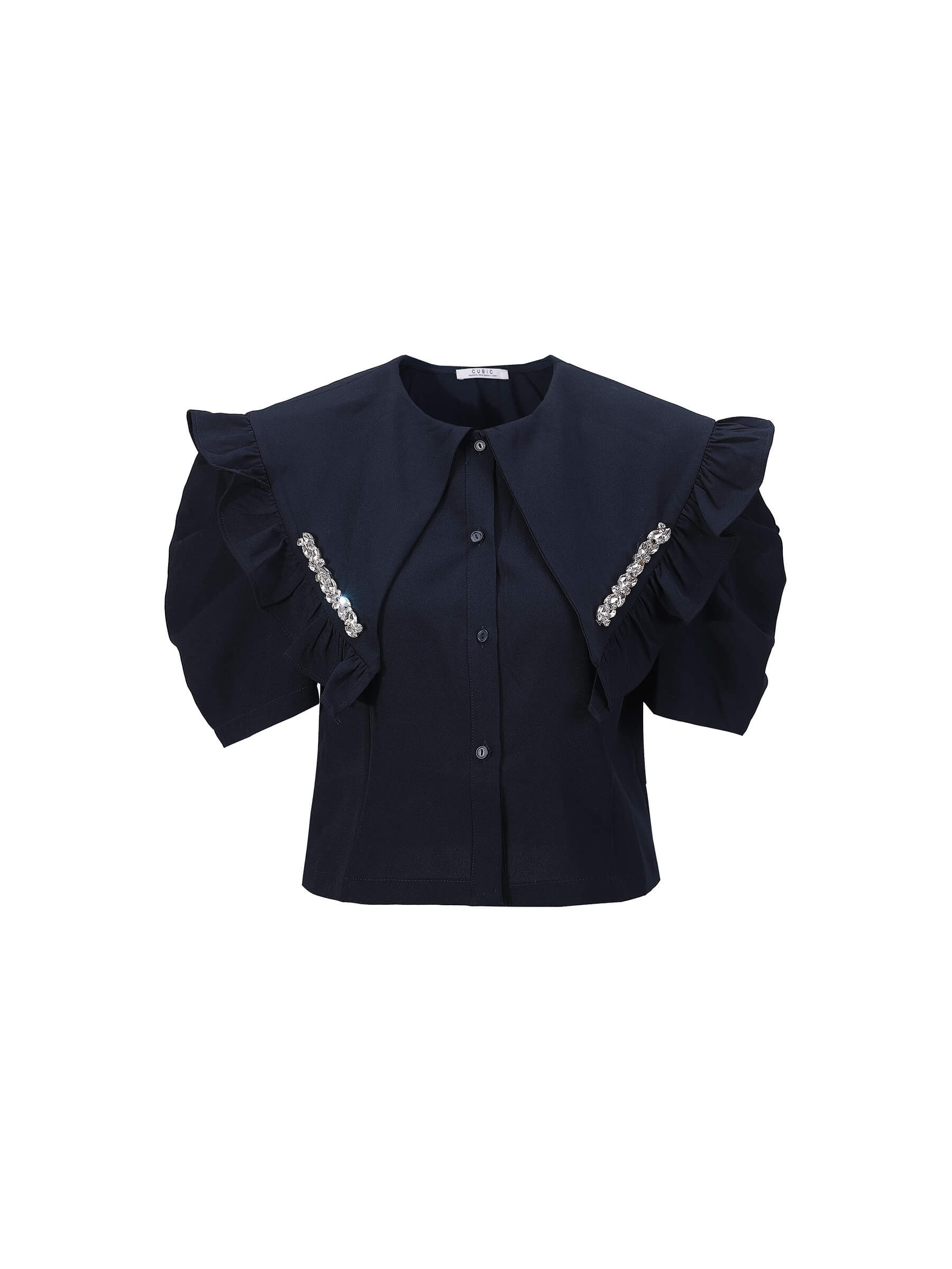 Large Lapel Strass Puff Sleeves T-shirt-15