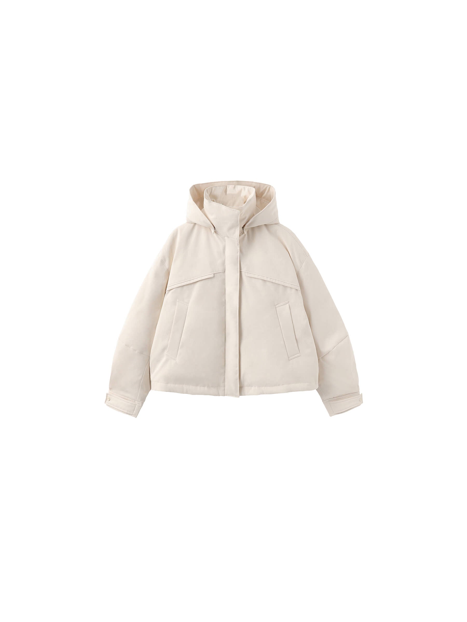 ONE BY CUBIC High Neck Short Loose Hem Down Jacket with Hood-17
