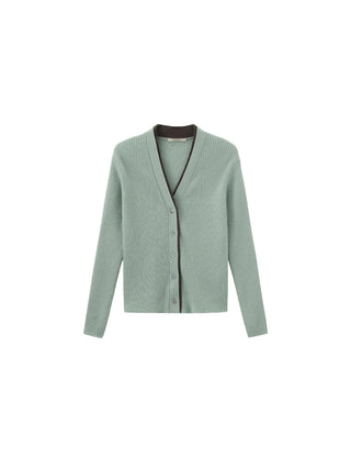 100% Wool Contrast V-Neck Wool Knit Top