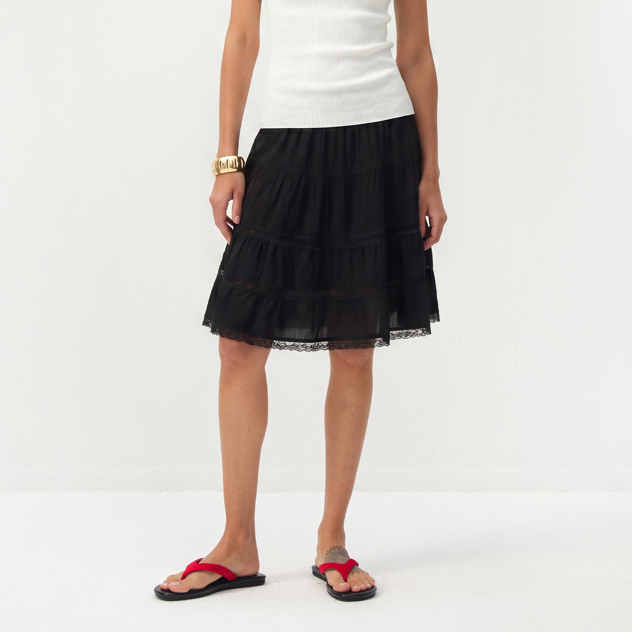 CUBIC Lace Tiered Satin Mini Skirt-15