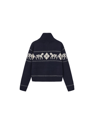 Horse Pattern Diamond Zip-Up Knit Cardigan