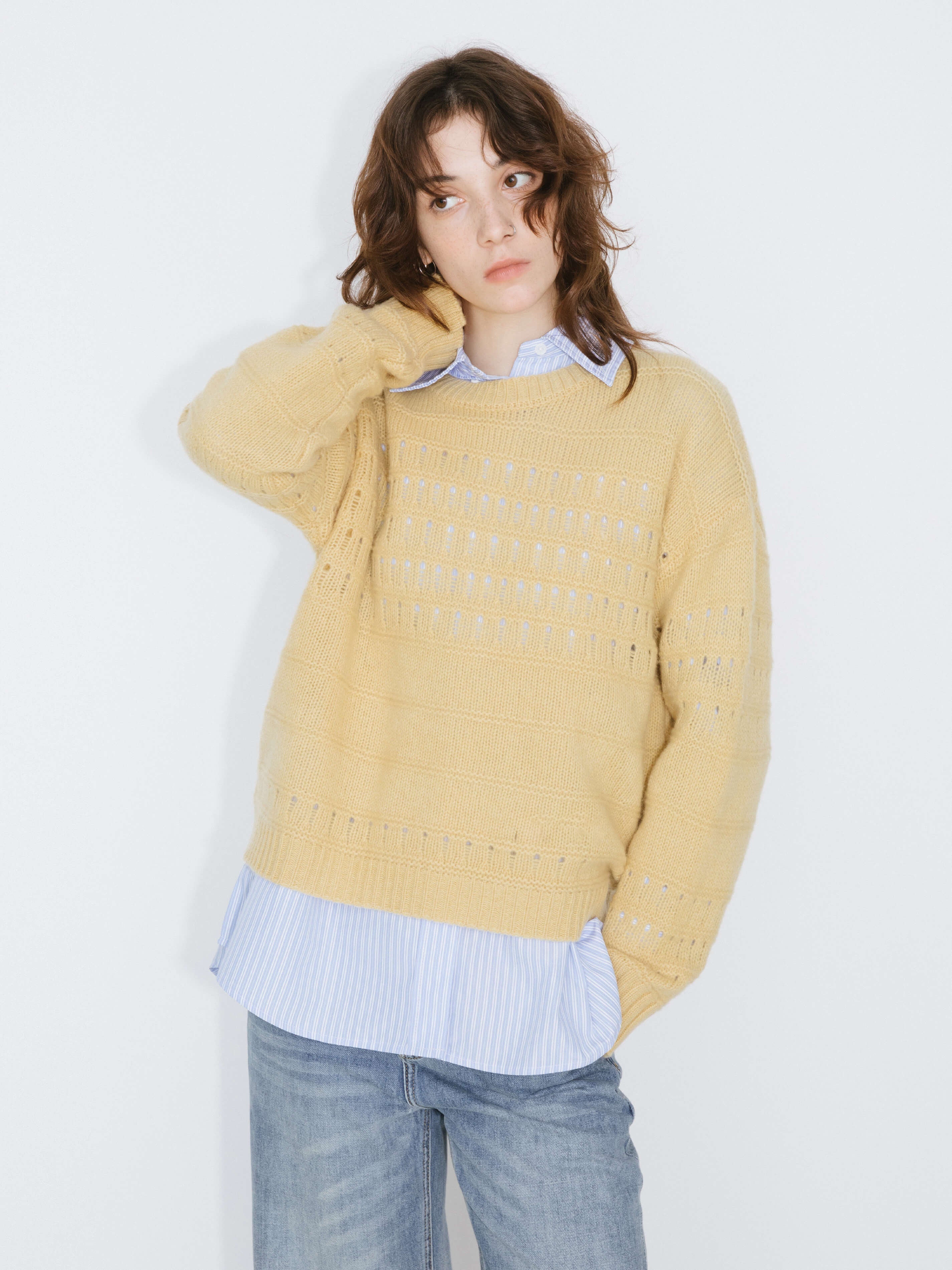 Hollowed 100% Wool Long Sleeves Knit Sweater-15