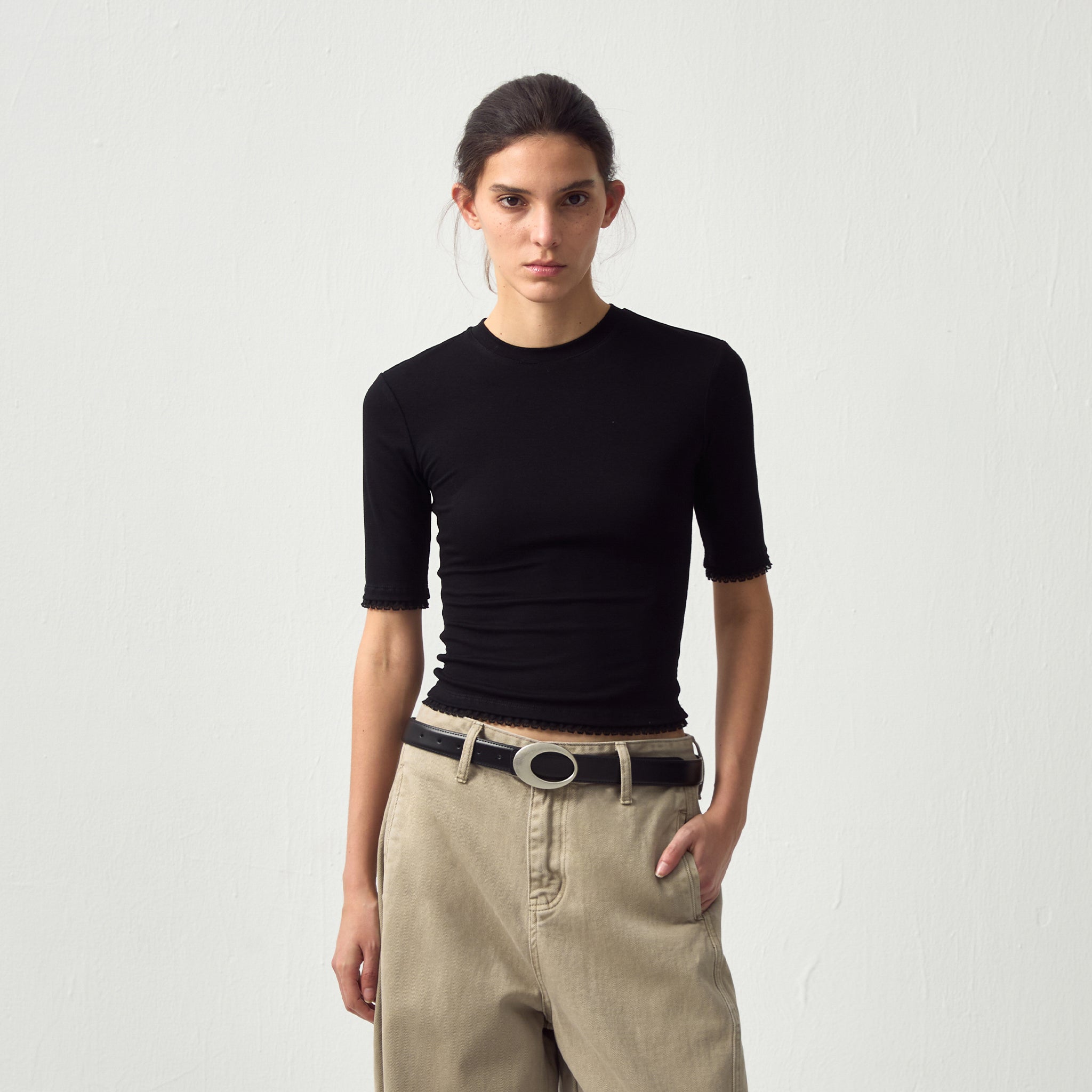 CUBIC Lace Trim Fitted Mid-Sleeve Top-15