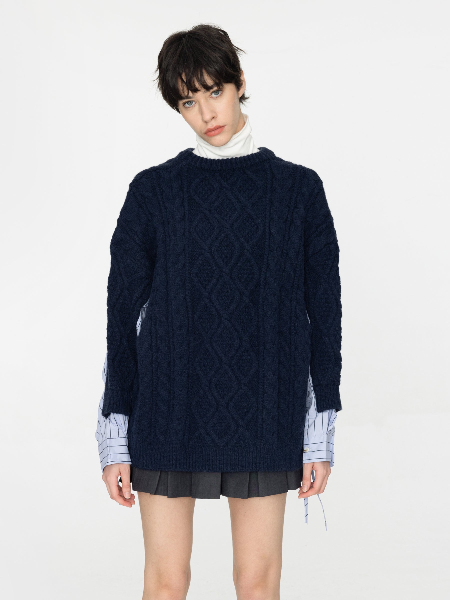 Cable Knit Jumper With Shirting Sleeves-20