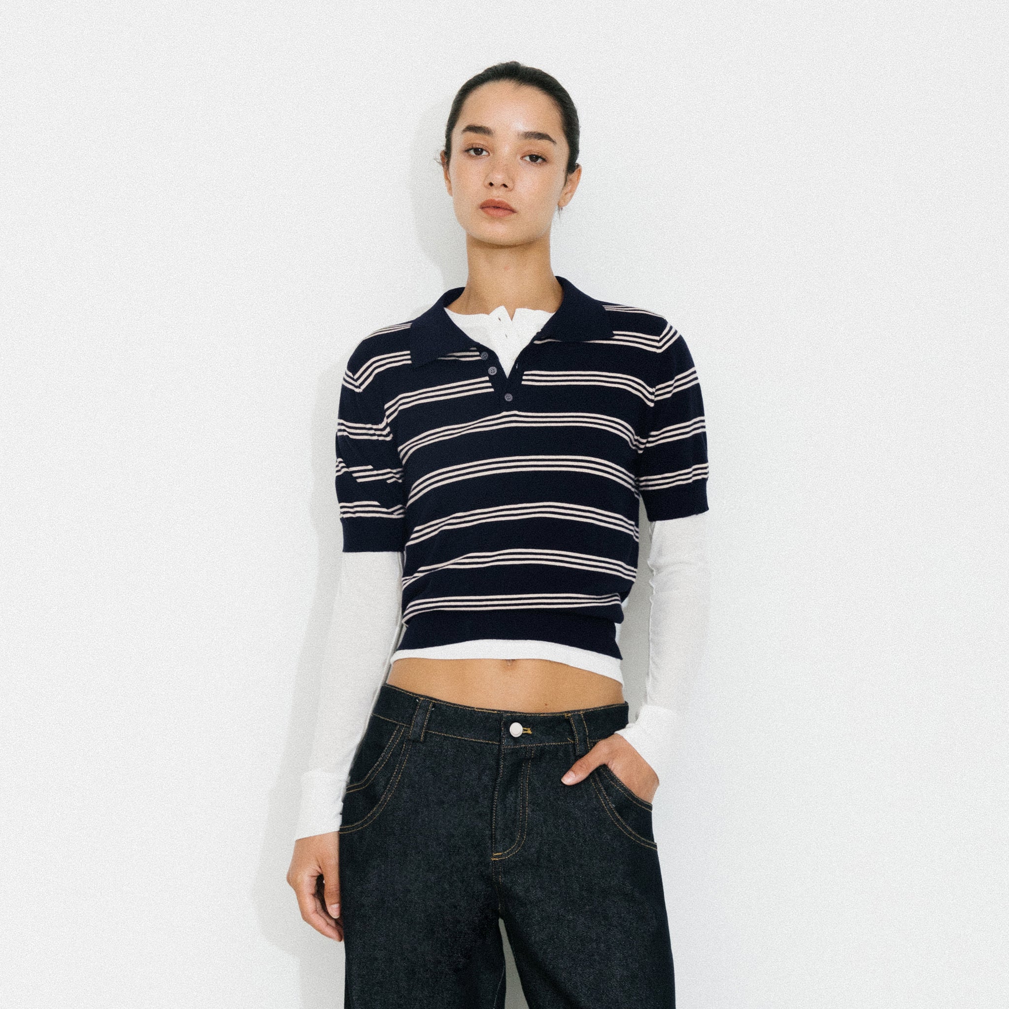 CUBIC-Striped Cropped Polo Collar Cotton T-Shirt-15