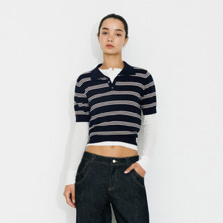 CUBIC-Striped Cropped Polo Collar Cotton T-Shirt