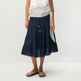 CUBIC Lyocell Linen Blend Tiered Striped Midi Skirt