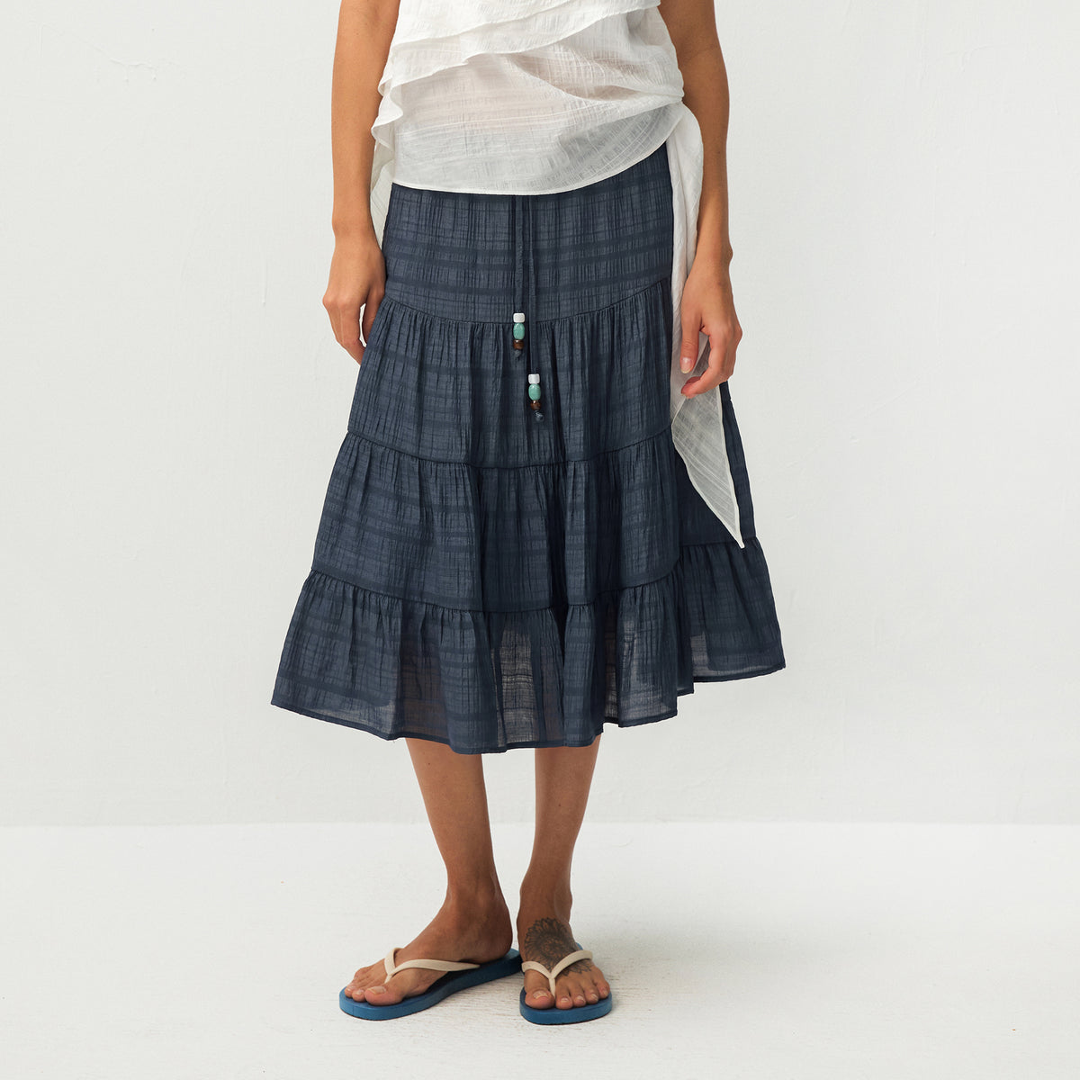 CUBIC Lyocell Linen Blend Tiered Striped Midi Skirt-15