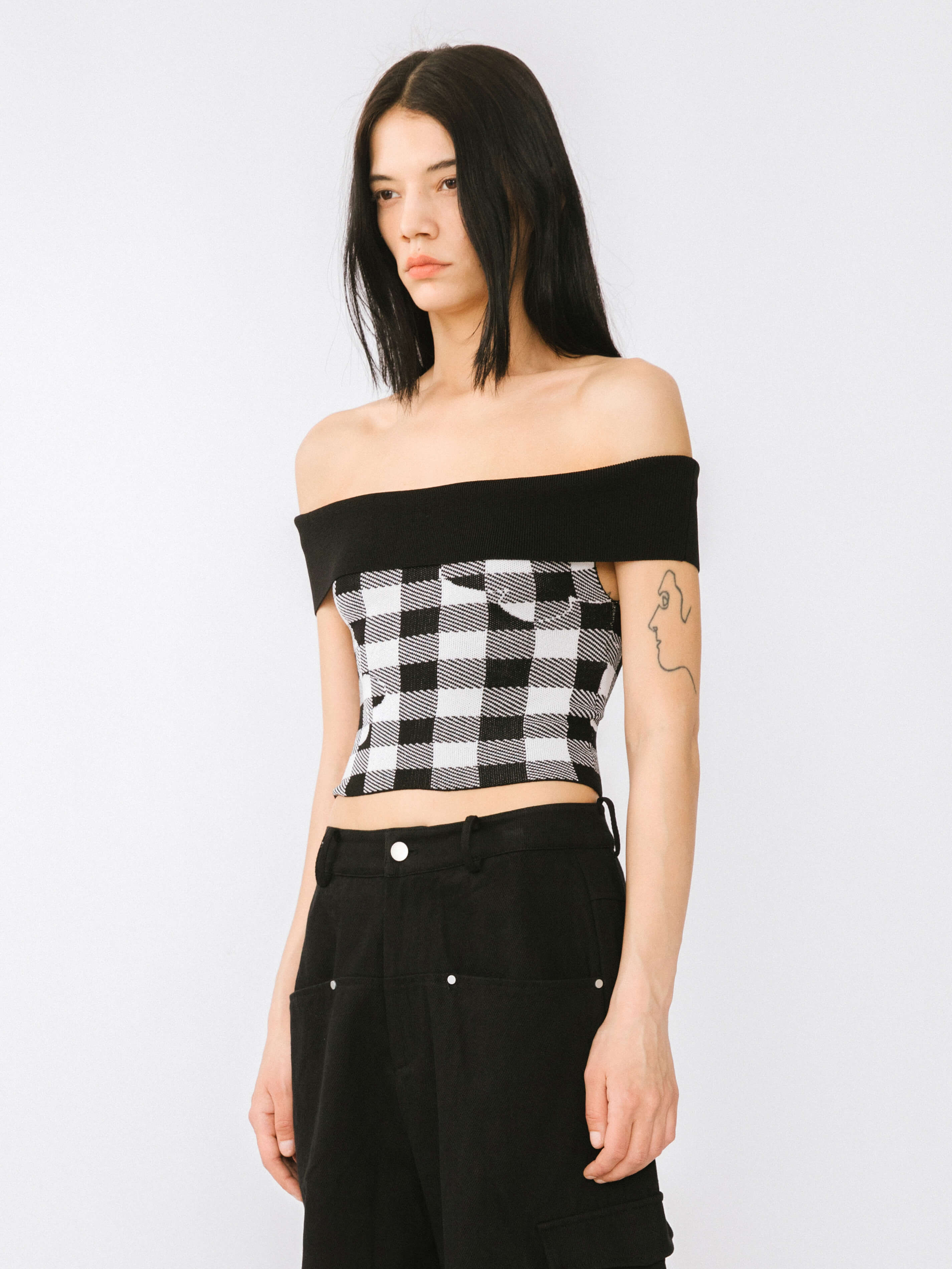 Off-Shoulder Checkered Knit Cami Top-17