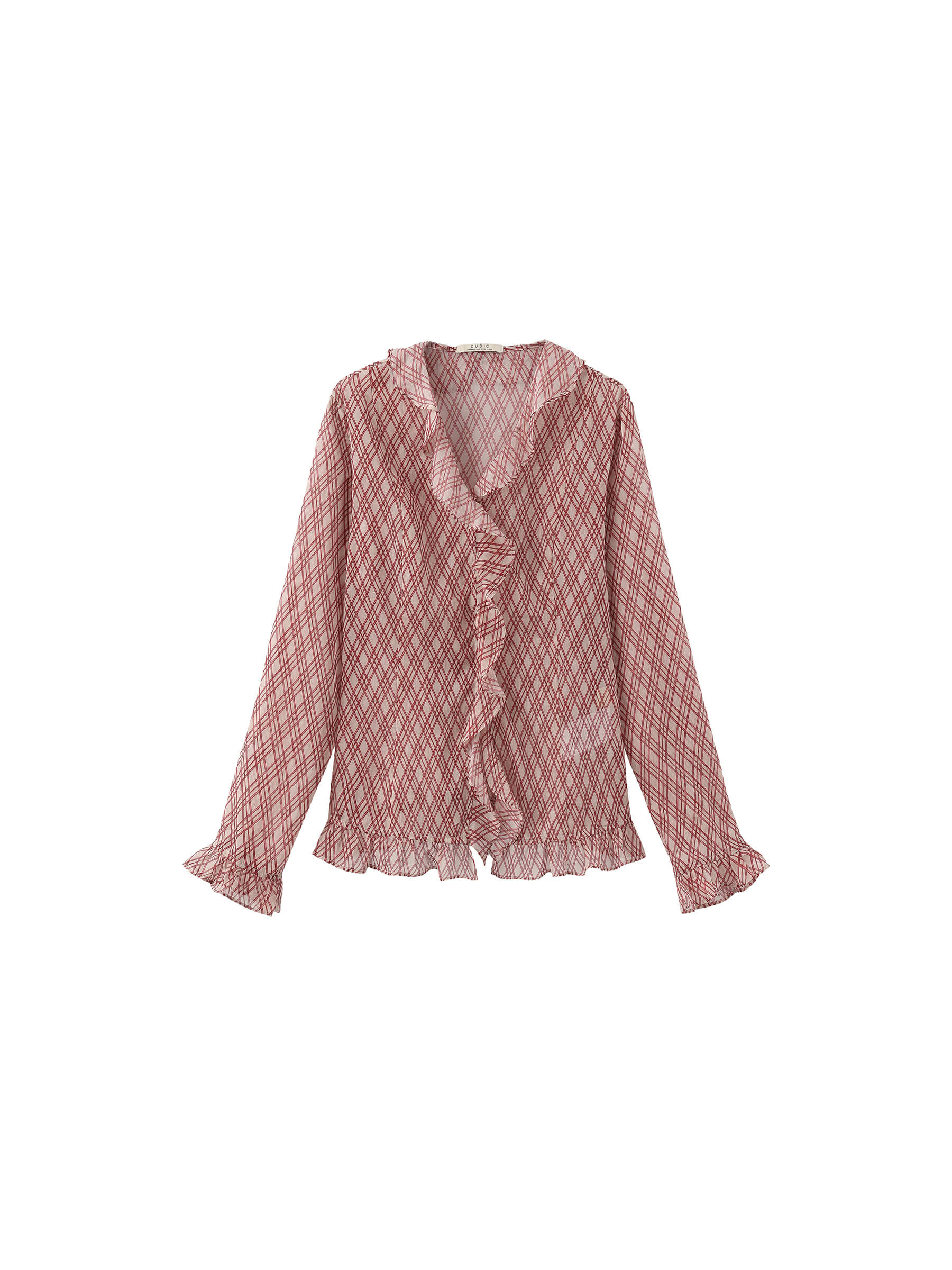 Semi-Sheer Ruffle Trim Check Shirt-19