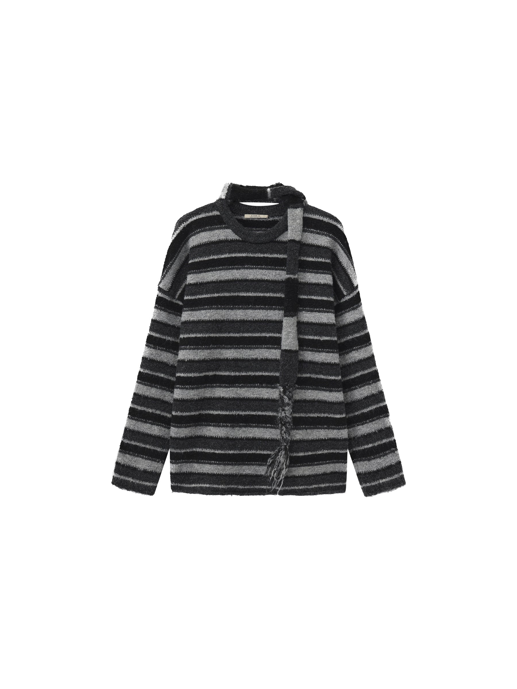 Retro Striped Pullover Sweater with Scarf-15
