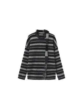 Retro Striped Pullover Sweater with Scarf
