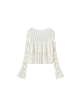 Beaded Hollow-Out Knit Top with Flare Sleeves