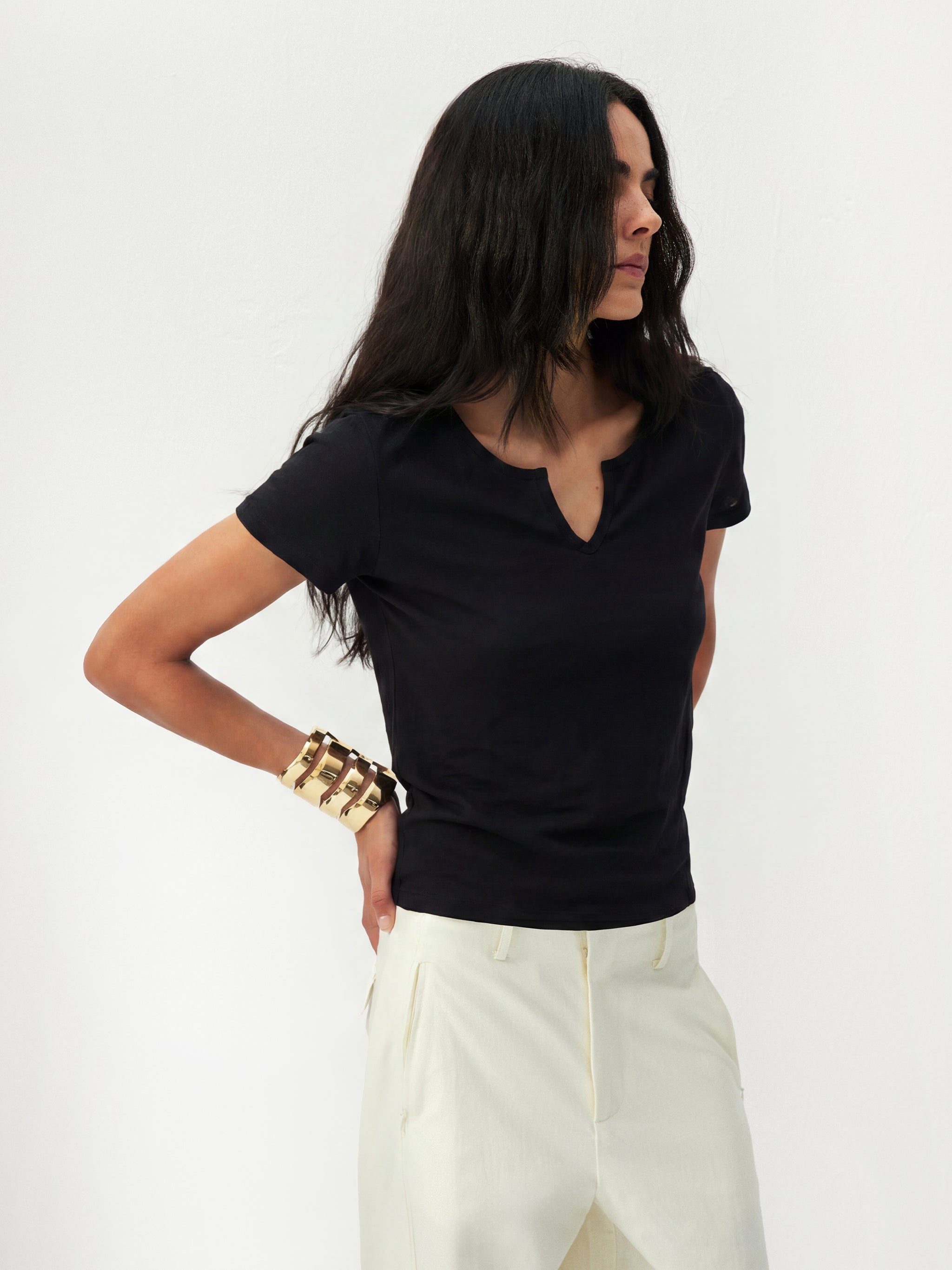 CUBIC Cotton-Blend Notch Neck Slim Fit T-shirt-16