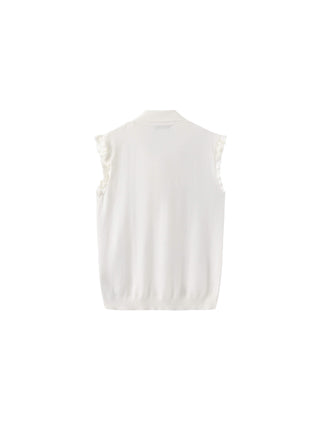 Ruffled Sleeve Sleeveless Knit Top with Attached Scarf