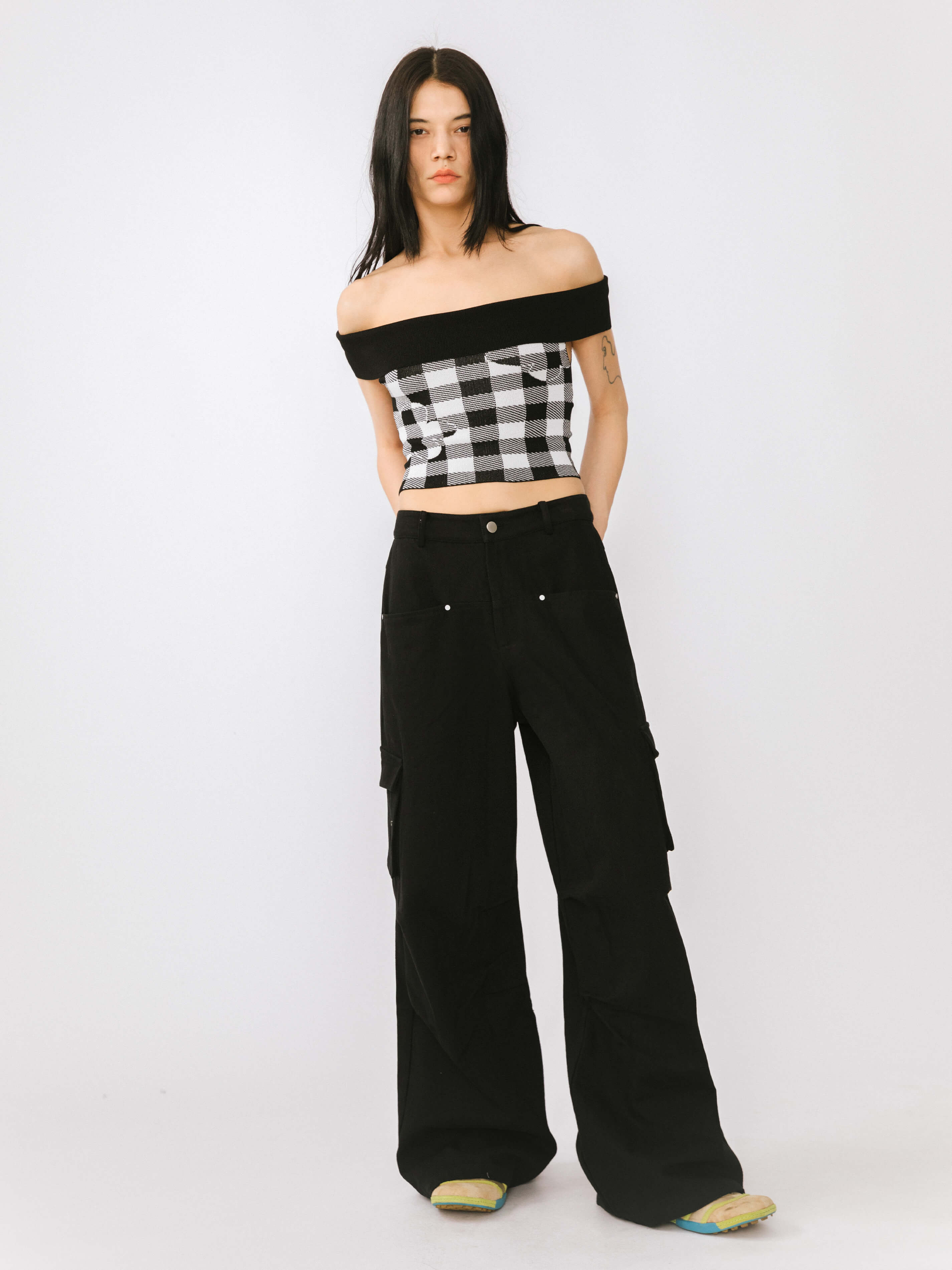 Off-Shoulder Checkered Knit Cami Top-18