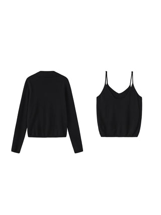 Zip-Up Collared Cropped Knit Cardigan & Vest Set