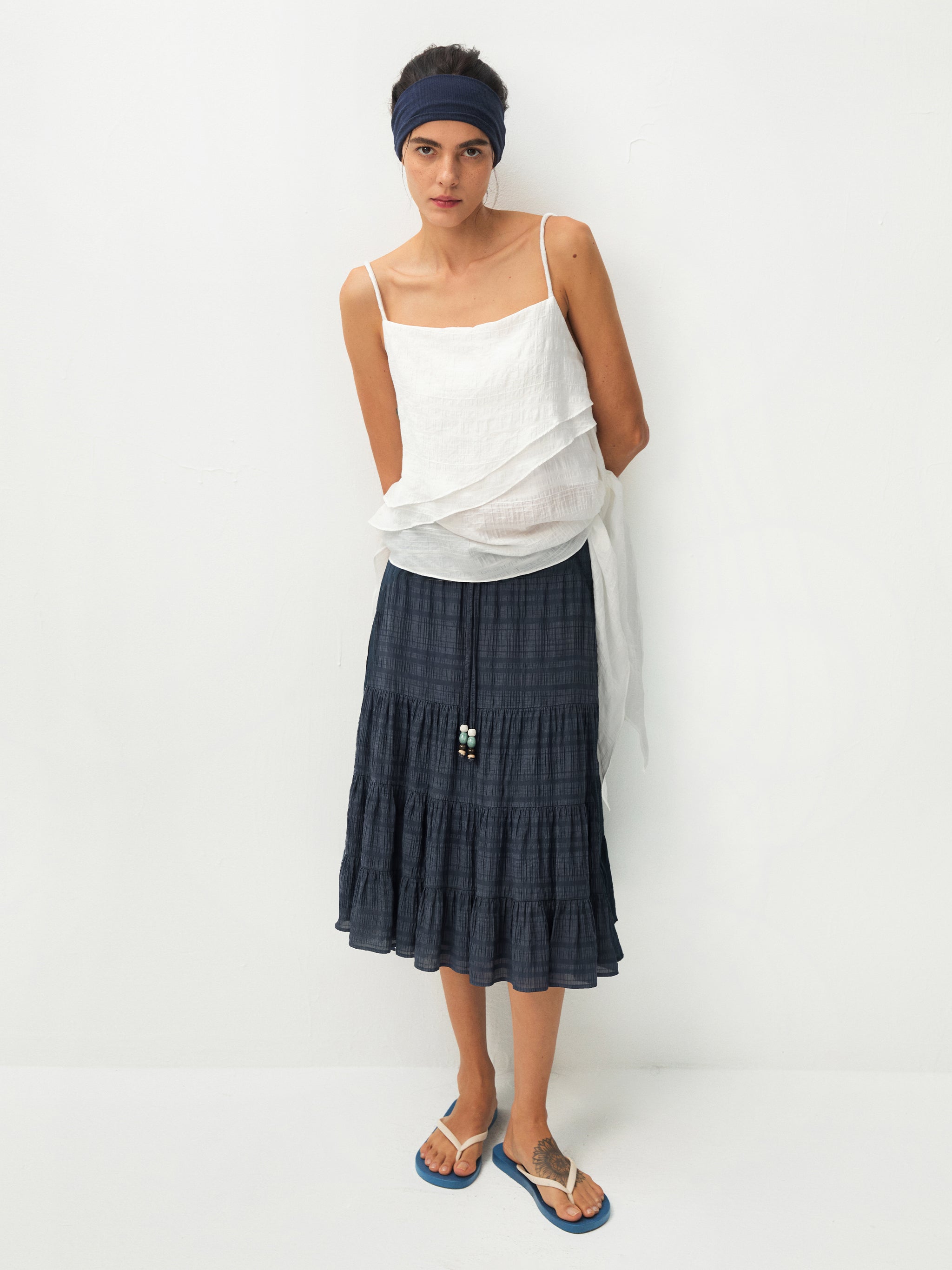 CUBIC Lyocell Linen Blend Tiered Striped Midi Skirt-19