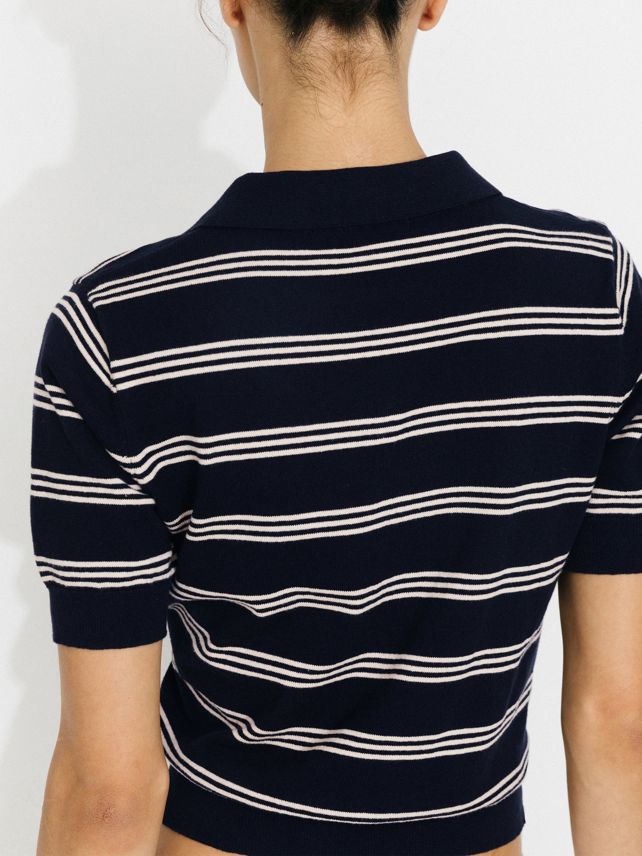 CUBIC-Striped Cropped Polo Collar Cotton T-Shirt-16