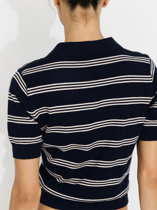 CUBIC-Striped Cropped Polo Collar Cotton T-Shirt