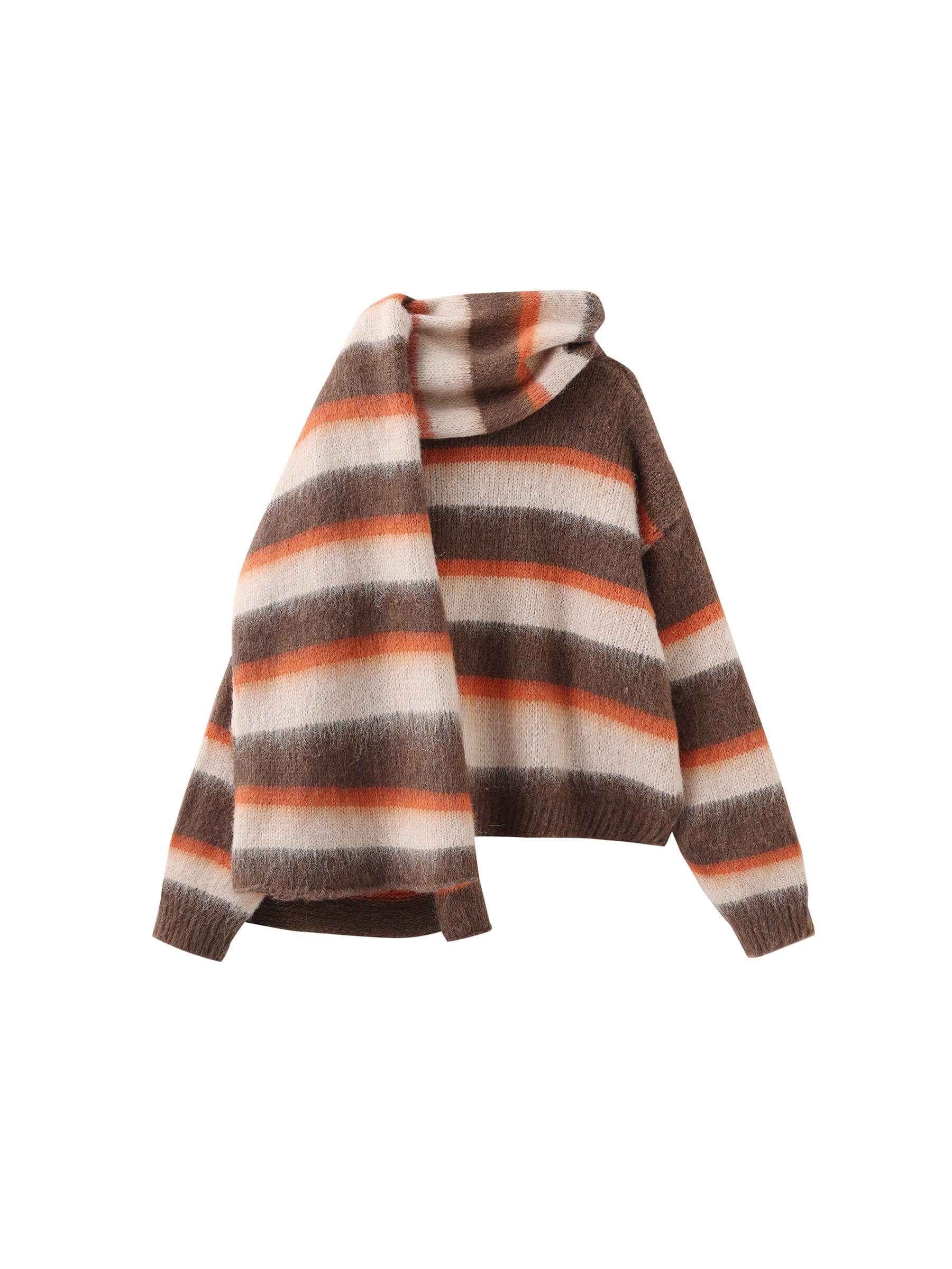 Striped Color Block Wool Knit Cardigan With Scarf-17