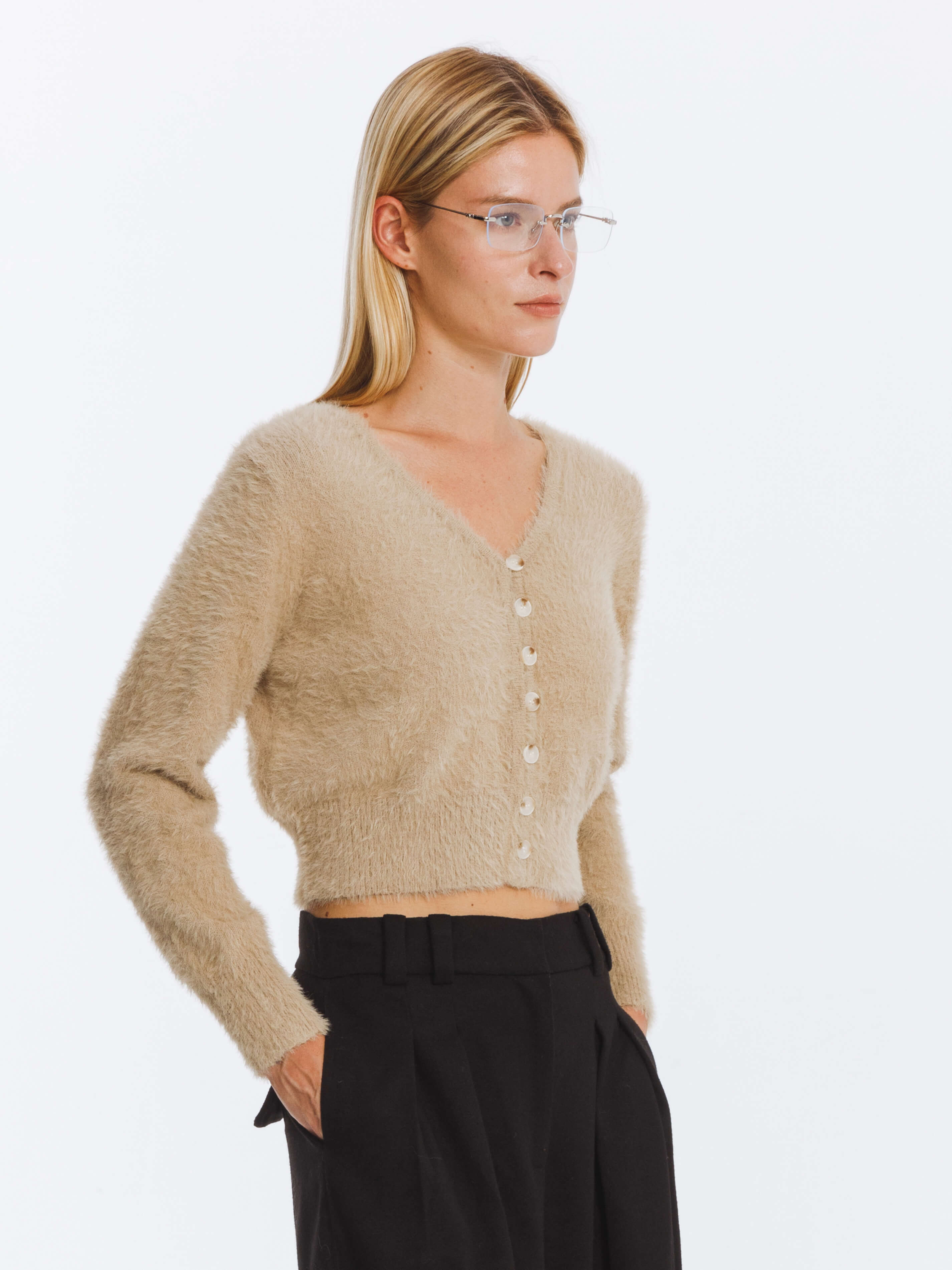 Fluffy Cropped Knit Cardigan-18
