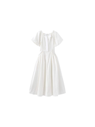 V-neck Pleated Puff Sleeve Dress
