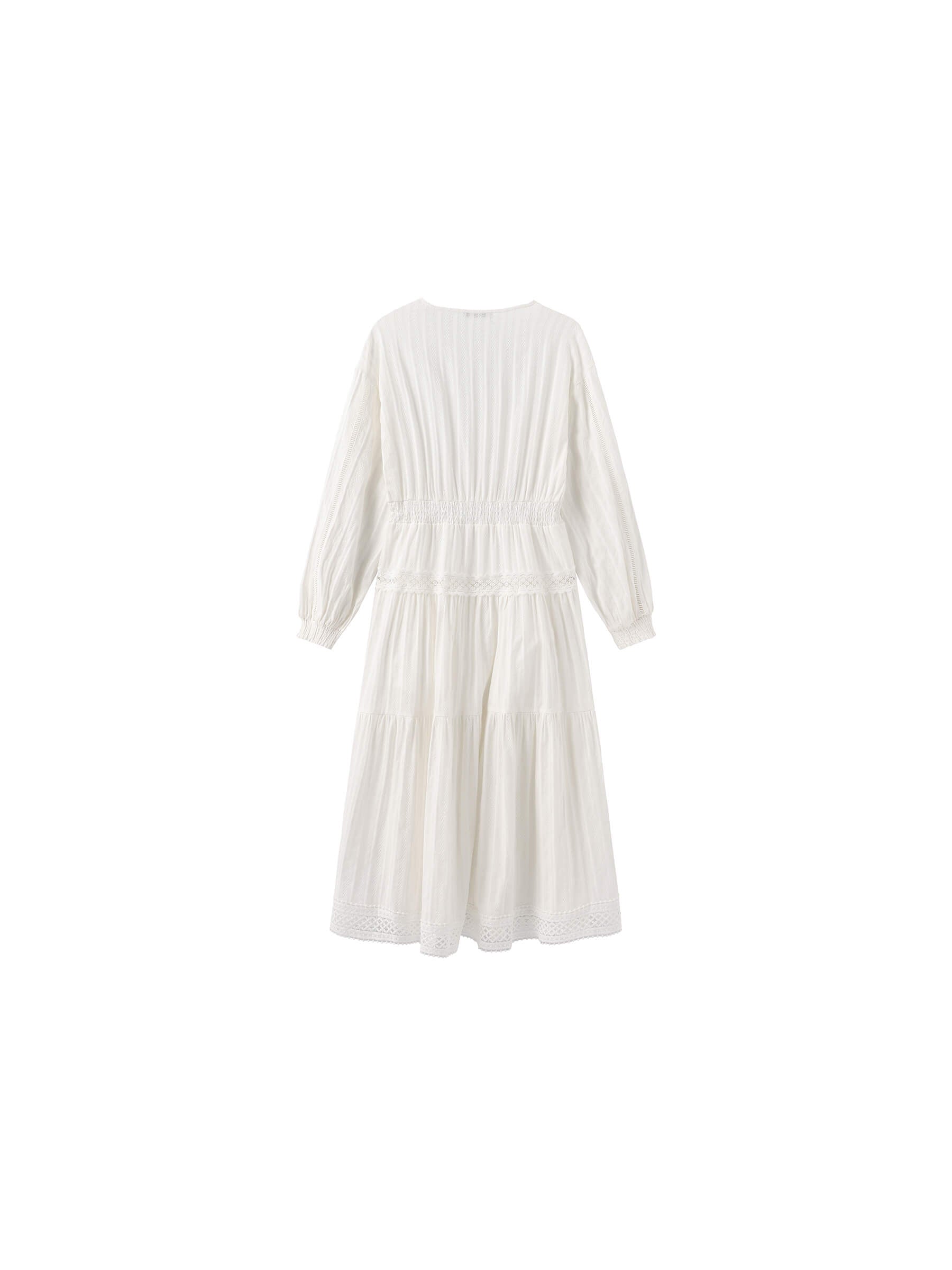 100% Cotton Lace Hollow V-Neck Waist-Cinched Maxi Dress-18