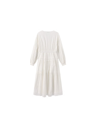 100% Cotton Lace Hollow V-Neck Waist-Cinched Maxi Dress