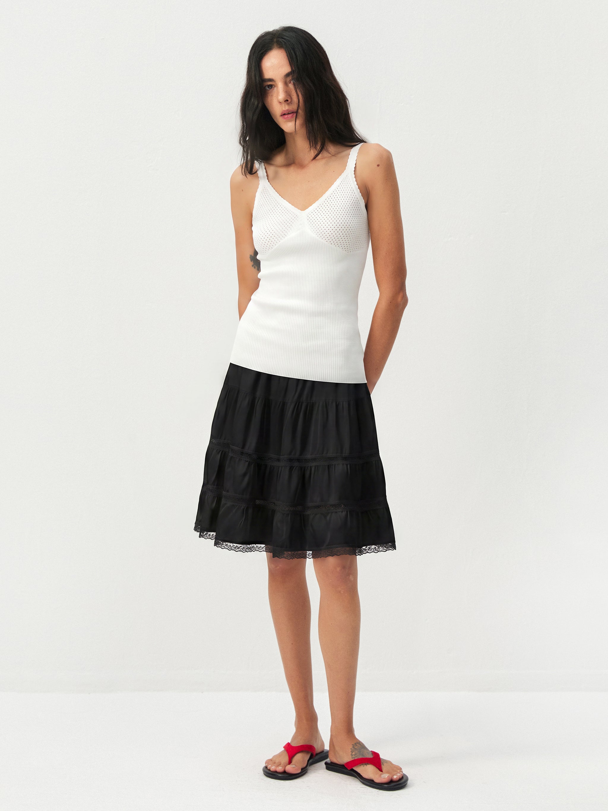 CUBIC Lace Tiered Satin Mini Skirt-16