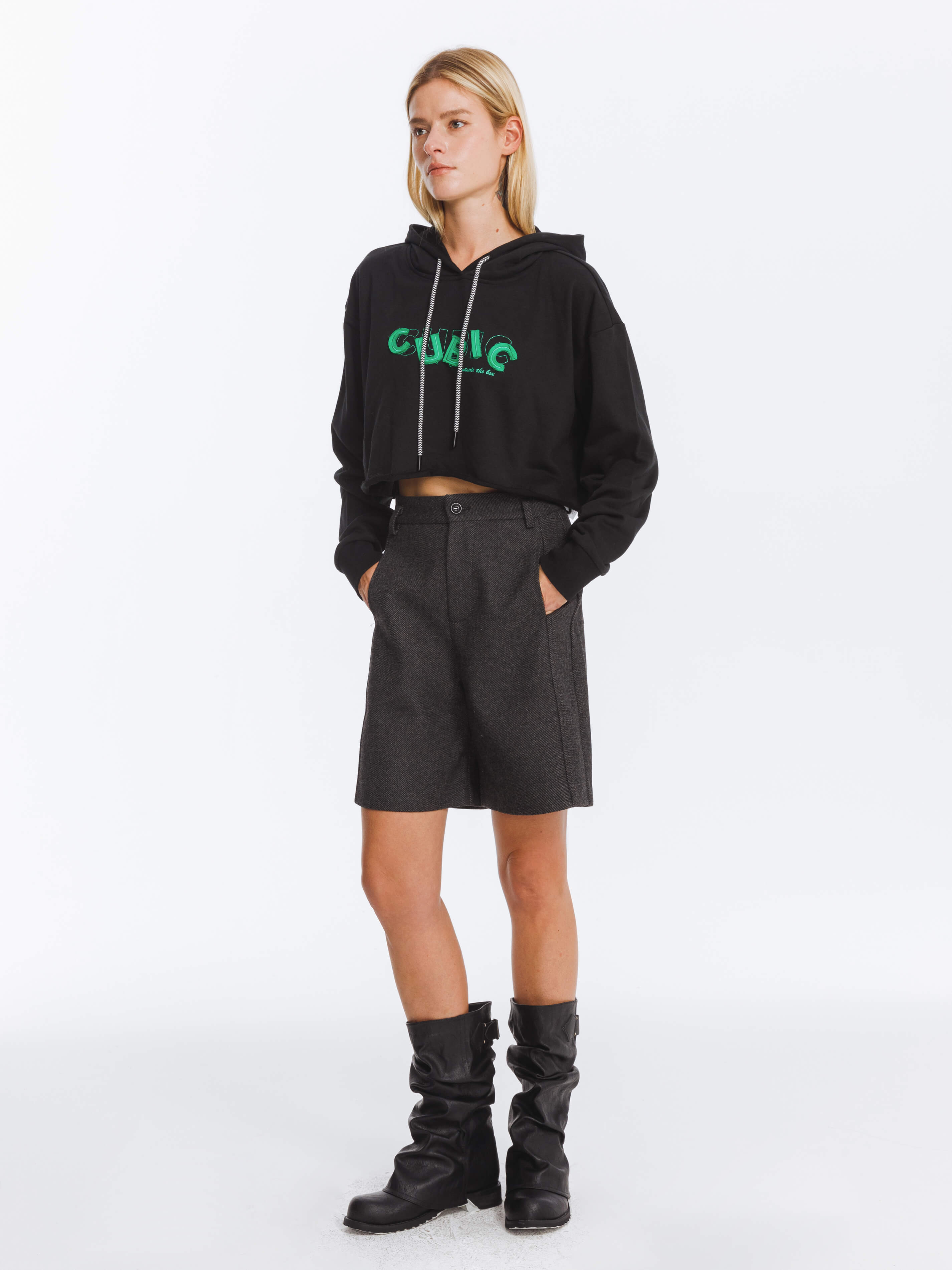 CUBIC Print Hooded Cropped Sweatshirt-18