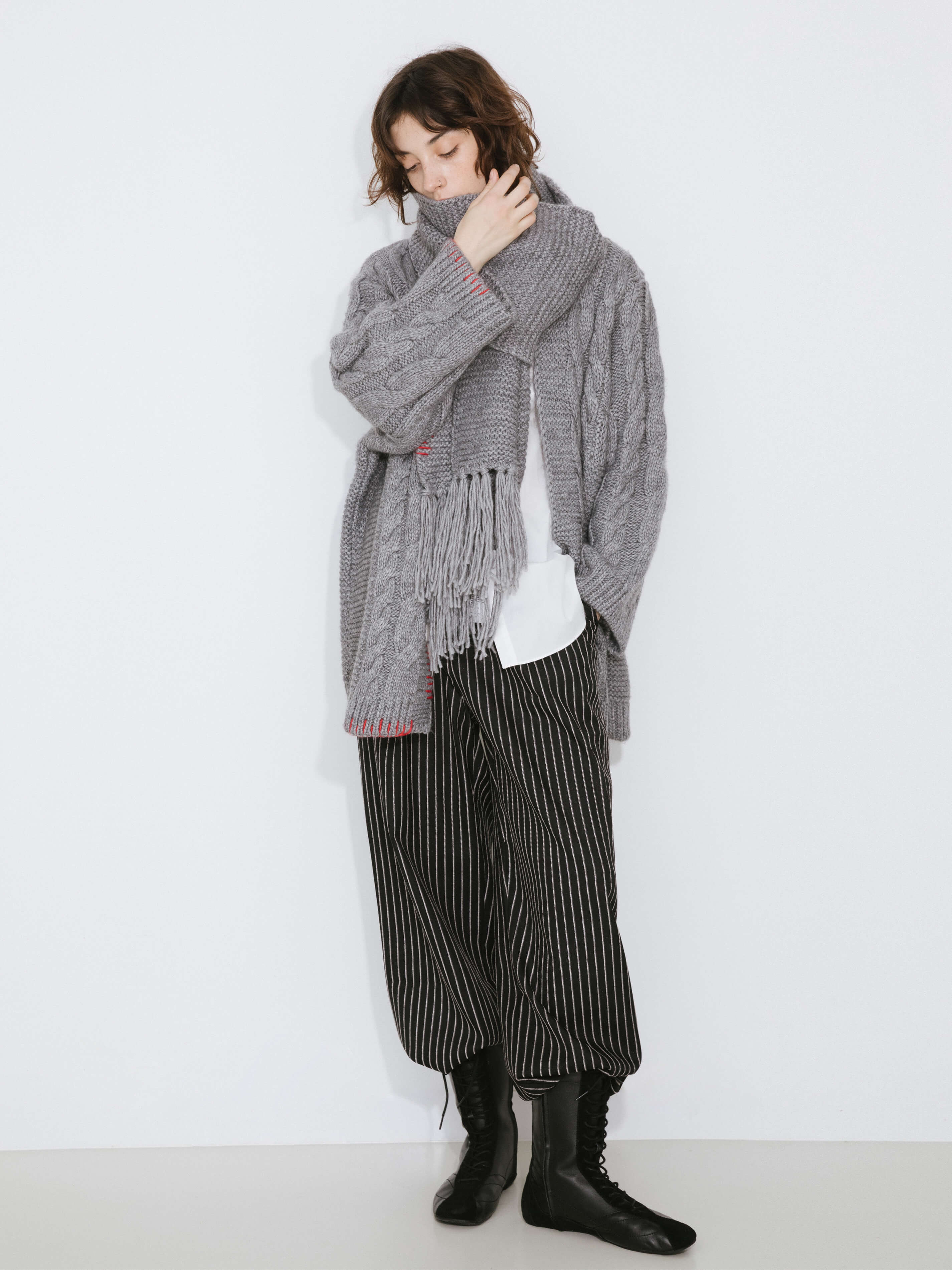 Fringed Long Scarf with Wool Blend-16