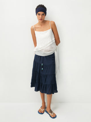 CUBIC Lyocell Linen Blend Tiered Striped Midi Skirt