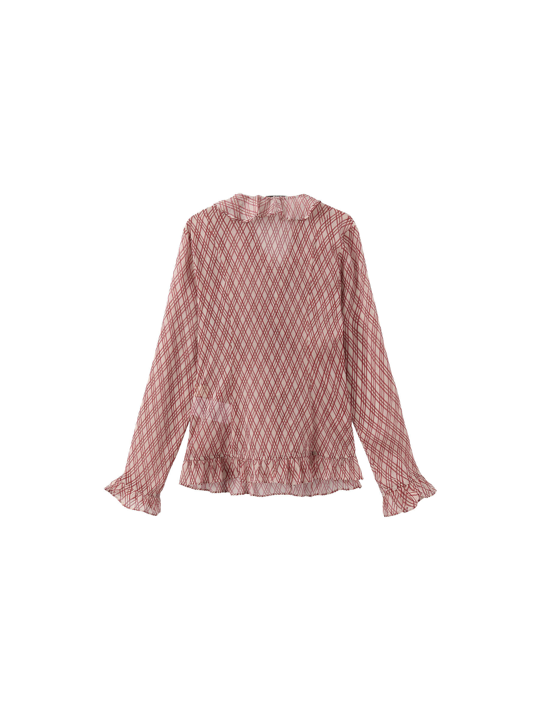 Semi-Sheer Ruffle Trim Check Shirt-18