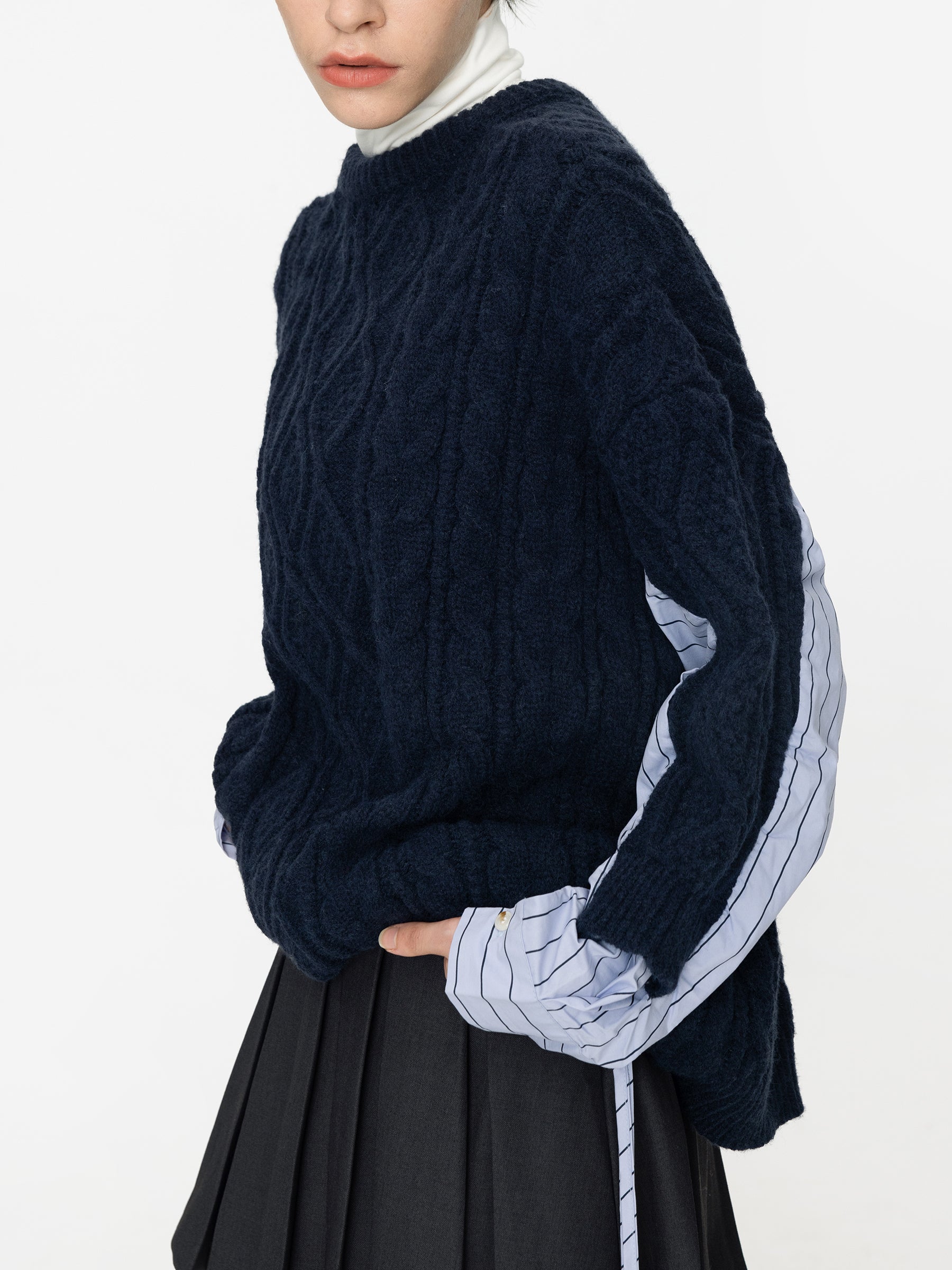 Cable Knit Jumper With Shirting Sleeves-21