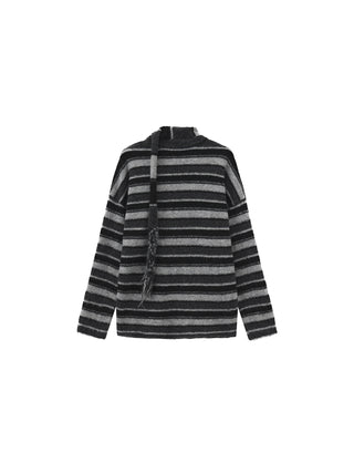 Retro Striped Pullover Sweater with Scarf