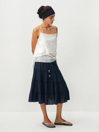 CUBIC Lyocell Linen Blend Tiered Striped Midi Skirt
