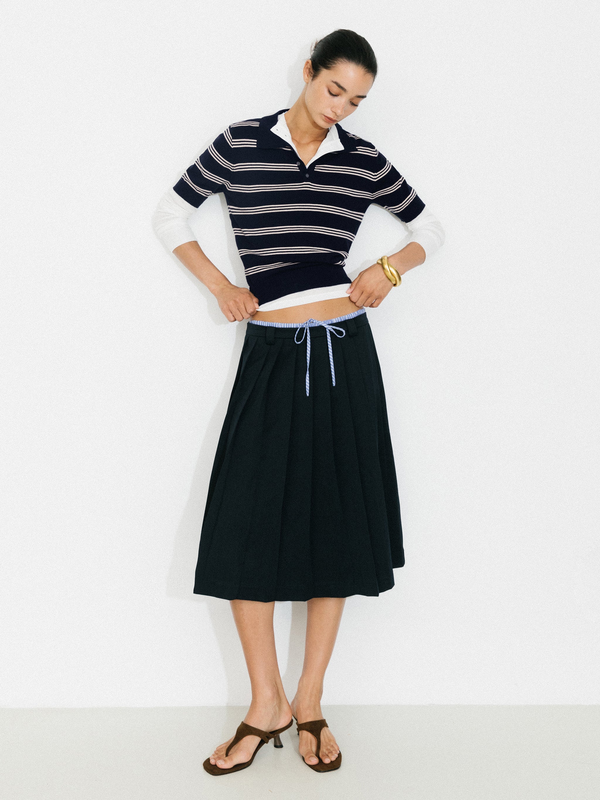 CUBIC-Striped Cropped Polo Collar Cotton T-Shirt-17