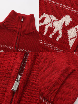 Horse Pattern Diamond Zip-Up Knit Cardigan