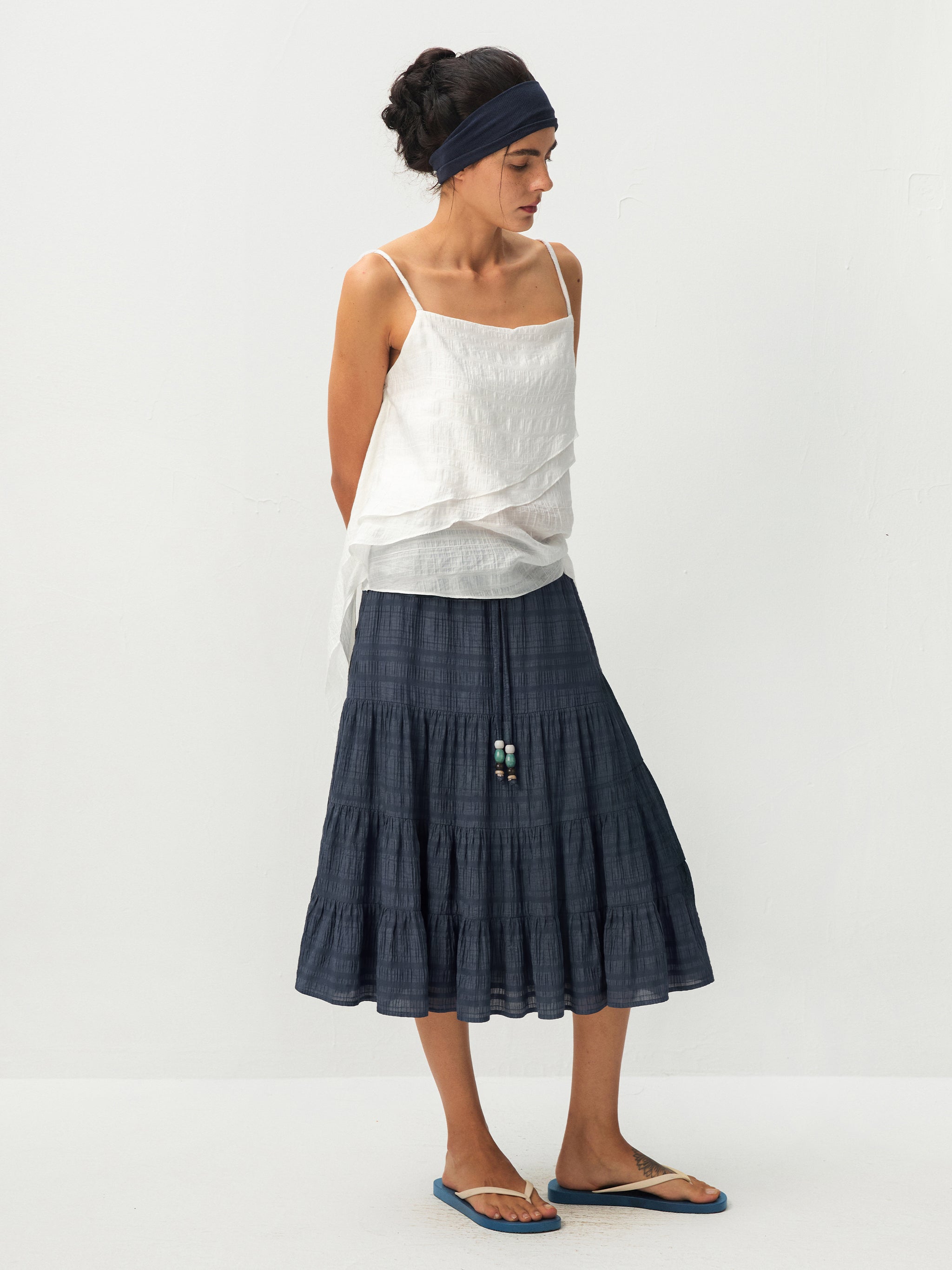 CUBIC Lyocell Linen Blend Tiered Striped Midi Skirt-18
