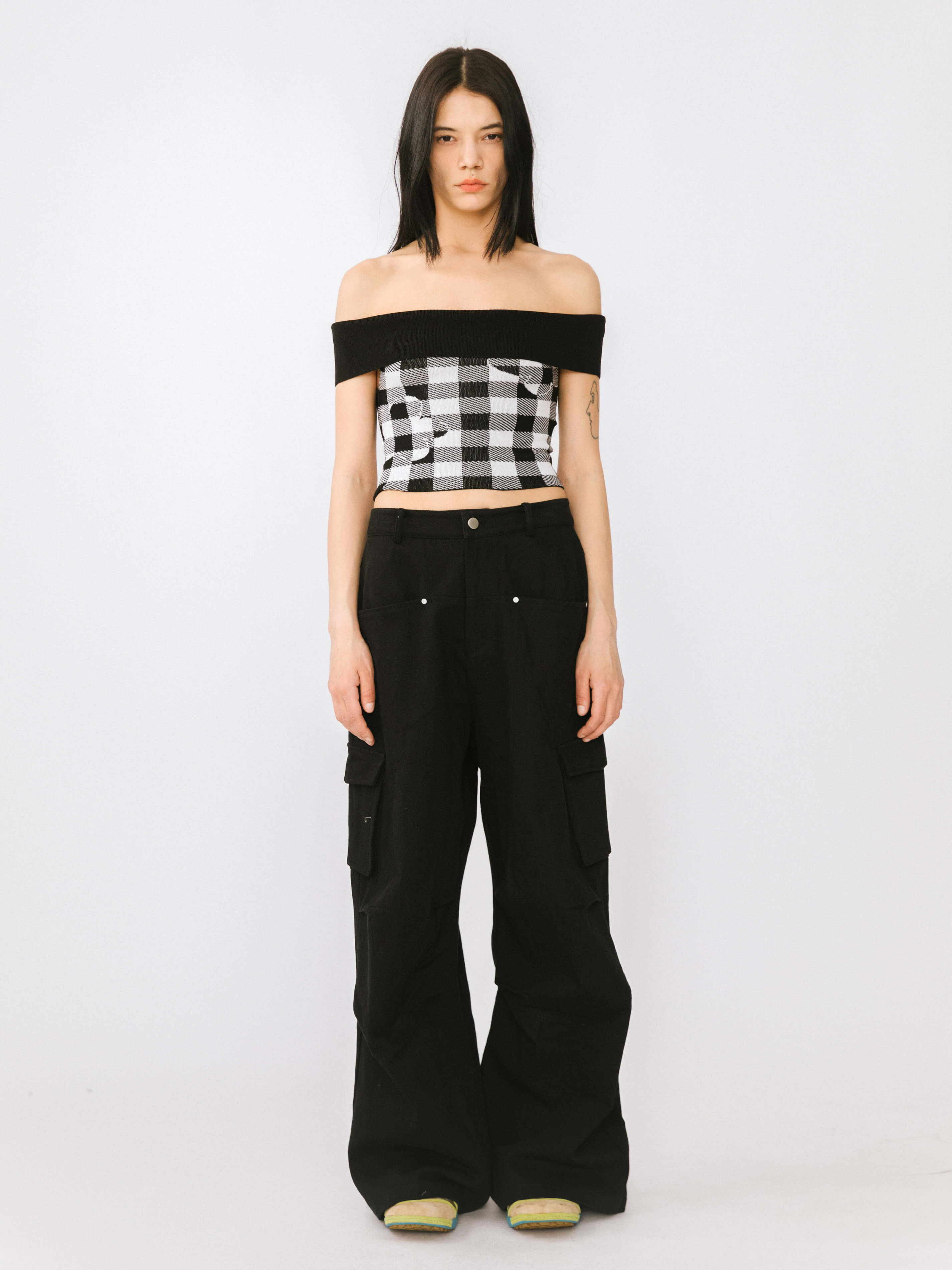 Off-Shoulder Checkered Knit Cami Top-19