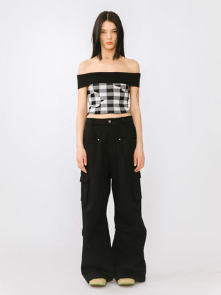 Off-Shoulder Checkered Knit Cami Top