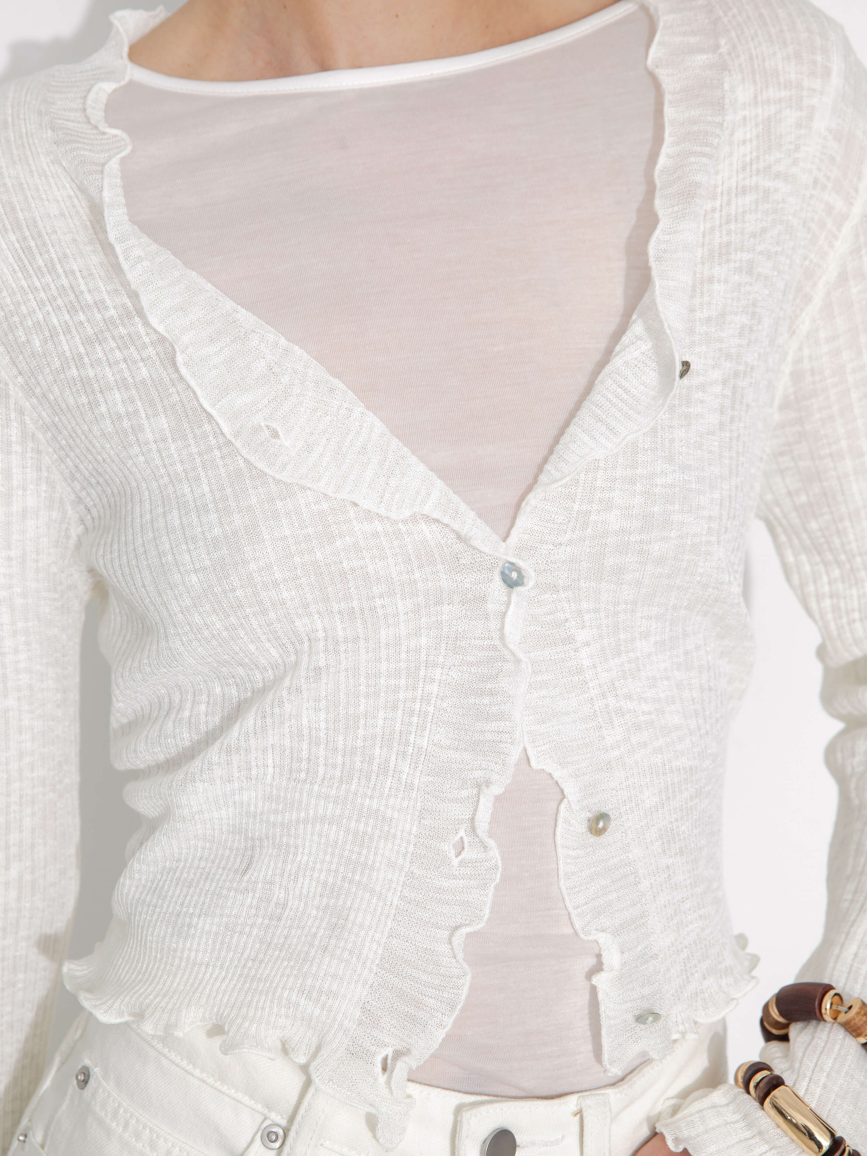 V-Neck Knit Cardigan with Ruffled Long Sleeves-15